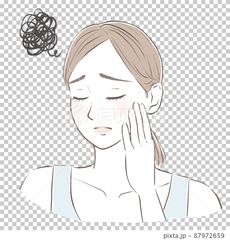 A woman who puts her hands on her cheeks, closes her eyes, and suffers from skin problems. 87972659