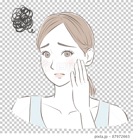 A woman who puts her hand on her cheek and suffers from skin problems 87972663