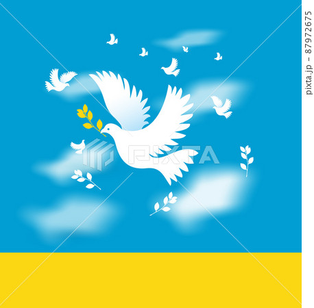 Dove of peace on the background of the Ukrainian flag. Ukraine and Russia military conflict. Stop world war. Symbol of peace and freedom on the background of the Ukrainian flag. 87972675