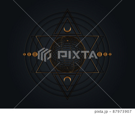 Gold Mystical sacred geometry symbol. alchemy magic wireframe sphere, occult, philosophical sign. For music album cover, sacramental design. Astrology, religion concept. Vector isolated on black Gold Mystical sacred geometry symbol. alchemy magic wireframe sphere, occult, philosophical sign. For music album cover, sacramental design. Astrology, religion concept. Vector isolated on black 87973907