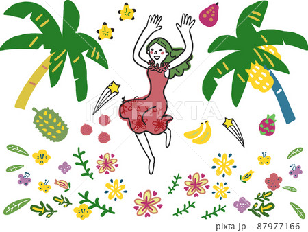 弾む南国のフルーツ、花、果樹に囲まれた少女 セット イラスト素材 弾む南国のフルーツ、花、果樹に囲まれた少女 セット イラスト素材 87977166