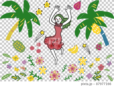 弾む南国のフルーツ、花、果樹に囲まれた少女 セット イラスト素材 弾む南国のフルーツ、花、果樹に囲まれた少女 セット イラスト素材 87977166