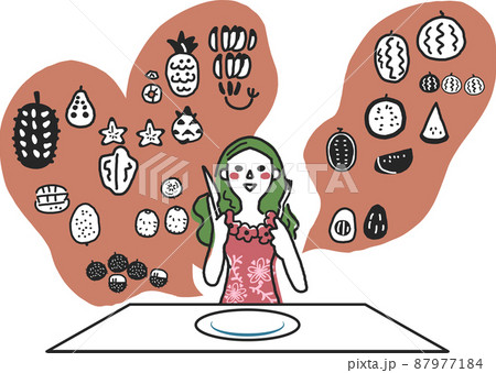 南国のフルーツを食べたいと食卓で待つ少女　セット　イラスト素材	 87977184