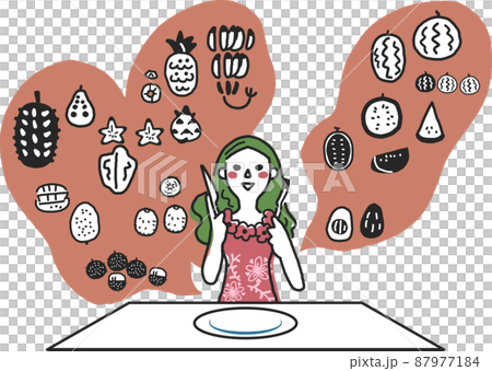 南国のフルーツを食べたいと食卓で待つ少女　セット　イラスト素材	 87977184