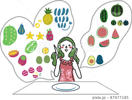南国のフルーツを食べたいと食卓で待つ少女　セット　イラスト素材	 87977185