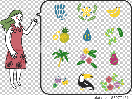 南国のフルーツや花、鳥を説明する少女　セット　イラスト素材 87977186