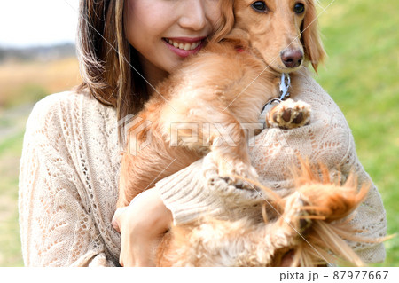 屋外で愛犬（ミニチュアダックスフンド）を抱っこする若い女性 87977667