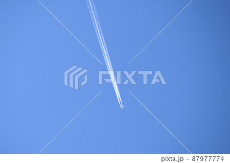 Distant passenger jet plane flying on high altitude on clear blue sky leaving white smoke trace of contrail behind. Air transportation concept. 87977774