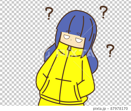 Blue hair straight hair girl yellow hoodie doubt Blue hair straight hair girl yellow hoodie doubt 87978170