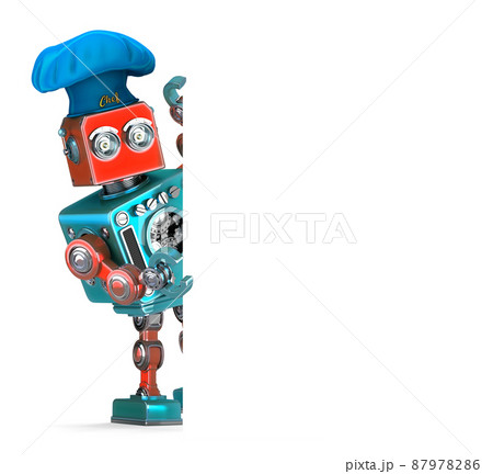 Vintage Robot Chef holding white banner. 3D illustration. Isolated. Contains clipping path 87978286
