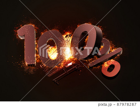 Burning shopping cart and red hundred percent discount sign. 3D illustration 87978287