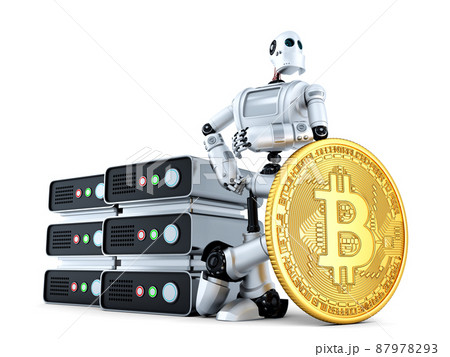 Robot with mining farm and gold bitcoin coin. 3D illustration. Isolated. Contains clipping path 87978293