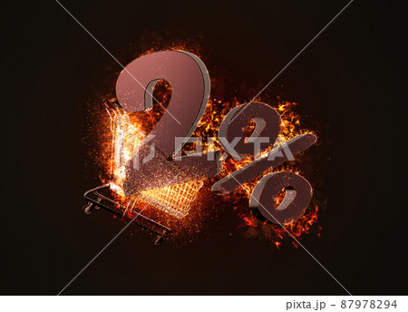 Burning shopping cart and red two percent discount sign. 3D illustration 87978294