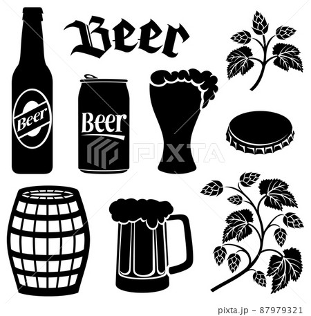 Beer icons set (hops leaf, wooden barrel, glass, can, bottle cap, mug, bottle) 87979321
