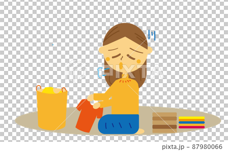 在一次手術中厭倦了日常育兒和家務的家庭主婦的插圖。因經前綜合症或頭痛而感到不適 87980066