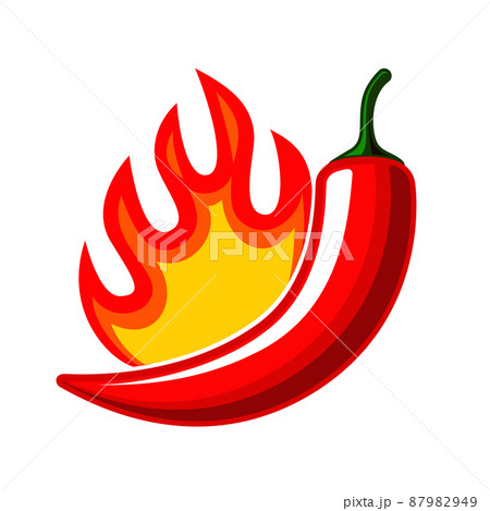 Red hot flaming chili pepper pod. Design for culinary products, spice package, recipe or cooking book. Red hot flaming chili pepper pod. Design for culinary products, spice package, recipe or cooking book. 87982949