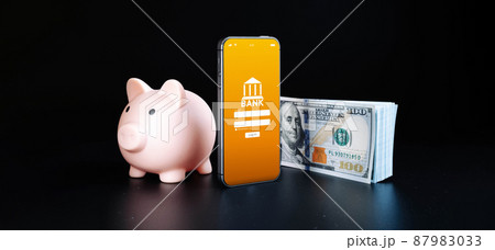 Mobile banking network. Smartphone with internet online bank application. Usd money cash on black background. Save currency money wallet. 87983033