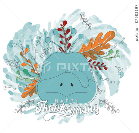 Isolated turkey head and autumn leaves Happy thanksgiving poster Vector 87983197