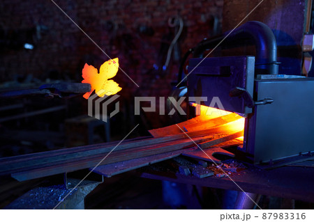 Close up of pliers with heated metal in shape of leaf taken from fire force. Manual work at forge. Blacksmithing concept. 87983316