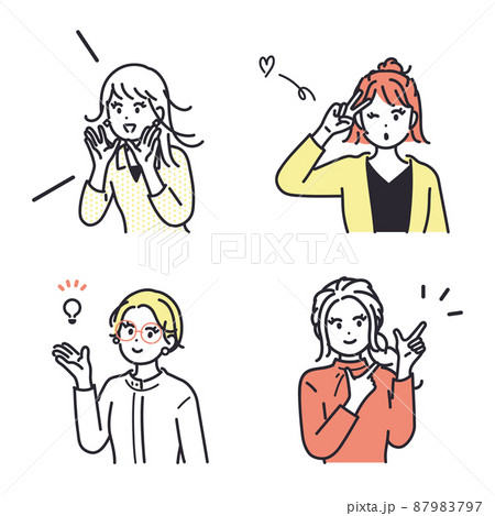 若い女性が色々なポジティブなポーズをとるイメージイラストセット 87983797