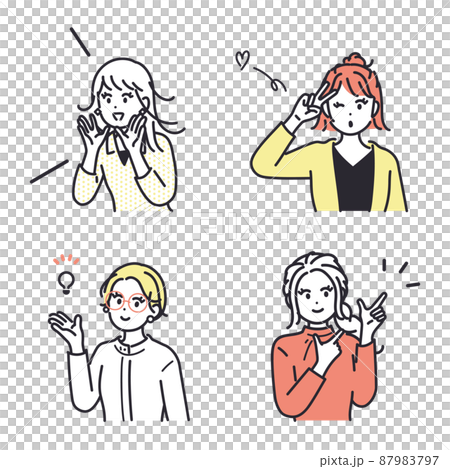 Image illustration set of young women taking various positive poses 87983797