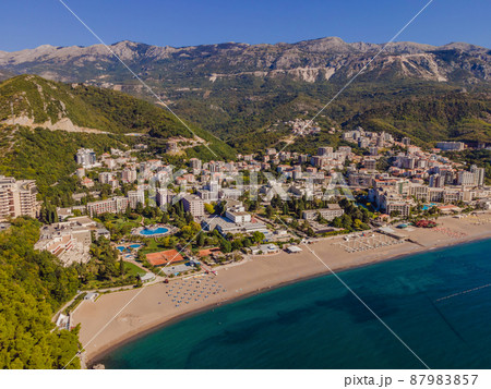 Aerophotography. View from flying drone. Panoramic cityscape of Budva, Montenegro. Top View. Beautiful destinations 87983857