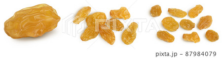 Yellow raisin isolated on white background with clipping path. Top view. Flat lay. Set or collection 87984079