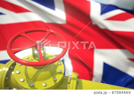 Waving flag of the United kingdom and the gas or oil pipeline valve. Conceptual 3d rendering Waving flag of the United kingdom and the gas or oil pipeline valve. Conceptual 3d rendering 87984669
