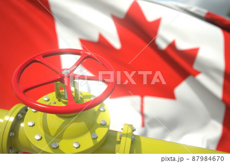 Pipe valve close-up and flag of Canada, 3d rendering 87984670