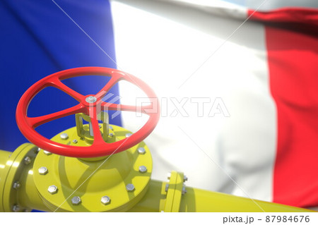 Waving flag of France and the gas or oil pipeline valve. Conceptual 3d rendering Waving flag of France and the gas or oil pipeline valve. Conceptual 3d rendering 87984676