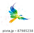 Multicolored vector stylized bird art in flight on a white background 87985238