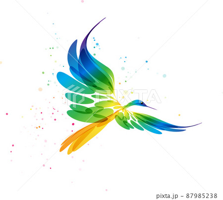 Multicolored vector stylized bird art in flight on a white background 87985238