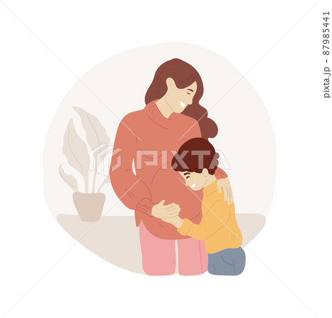 Getting pregnant with second child isolated cartoon vector illustration. Kid hugging mom with big belly, woman pregnant with second child, happy family life, expecting a baby vector cartoon. 87985441