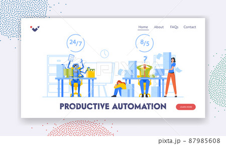 Productive Automation Landing Page Template. Intelligent System against Manual Labor. Office Characters Compete with Ai 87985608