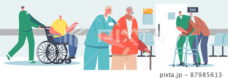Medical Care of Elderly People Concept. Medics Help Old Disabled People in Nursing Home or Clinic. Social Worker Staff 87985613