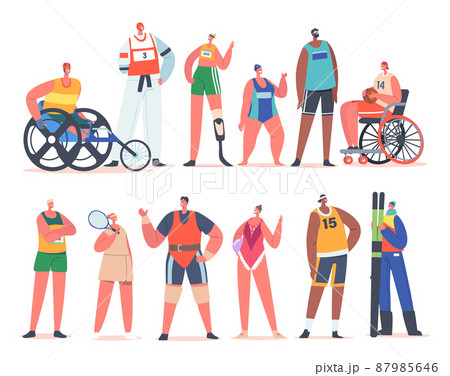 Paralympic and Healthy Athletes, Sportsmen and Sportswomen Characters in Uniform, Young Men or Women Isolated on White 87985646
