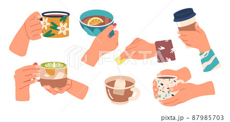 Set of Human Hands Holding Cups with Hot or Cold Refreshing Drinks Bubble Tea, Coffee, Soda, Juice, Cappuccino Beverages 87985703