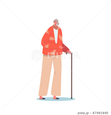 Senior Female Character with Walking Cane Isolated on White Background. Elderly Woman Lifestyle, Old Smiling Lady 87985890