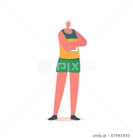 Athlete Character Wear Uniform with Number on Breast Stand with Crossed Arms Isolated on White Background Athlete Character Wear Uniform with Number on Breast Stand with Crossed Arms Isolated on White Background 87985930