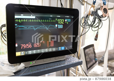 Electrocardiograph unit monitor in hospital emergency room 87986038