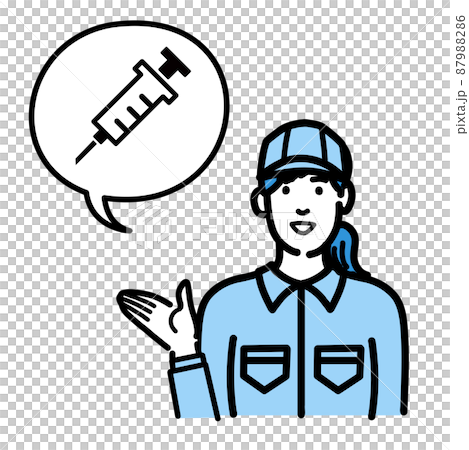 穿著工作服的年輕女性解釋疫苗接種和疫苗 穿著工作服的年輕女性解釋疫苗接種和疫苗 87988286