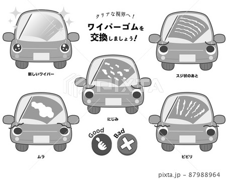 車のワイパーゴムのトラブルときれいなワイパーゴムのイラストセット  87988964