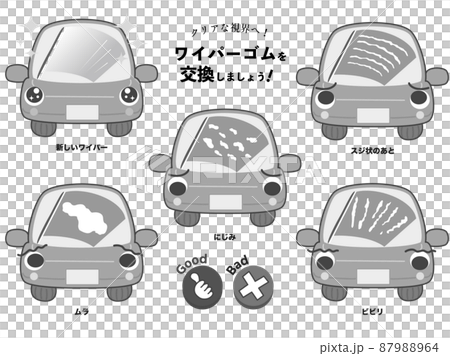 車のワイパーゴムのトラブルときれいなワイパーゴムのイラストセット  87988964