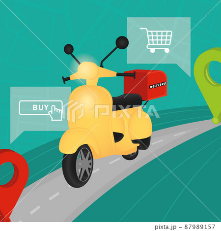 Yellow delivery bike with a package Delivery concept art Vector Yellow delivery bike with a package Delivery concept art Vector 87989157