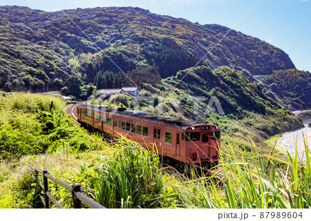 山陰本線の列車風景です。画面右側は日本海です。綺麗な雰囲気にどうぞ。島根県 87989604