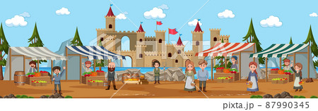 Medieval town scene with villagers at the market 87990345