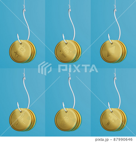3D rendering Fish hook hanging gold Bitcoin, XRP, Cardano, Tether, Binance and Ethereum, Cryptocurrency investment technology digital money bait and trap concept design on blue background, copy space 3D rendering Fish hook hanging gold Bitcoin, XRP, Cardano, Tether, Binance and Ethereum, Cryptocurrency investment technology digital money bait and trap concept design on blue background, copy space 87990646