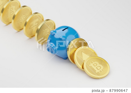 Isometric 3D rendering blue piggy bank with gold Bitcoin, XRP, Cardano, Tether, Binance, Ethereum domino, Cryptocurrency digital money investment advisor concept on white background, copy space 87990647