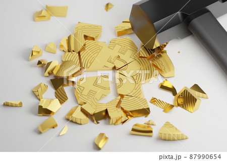 3D rendering gold Bitcoin Break down with hammer fall, Cryptocurrency investment technology digital money crash crisis concept design on white background 3D rendering gold Bitcoin Break down with hammer fall, Cryptocurrency investment technology digital money crash crisis concept design on white background 87990654