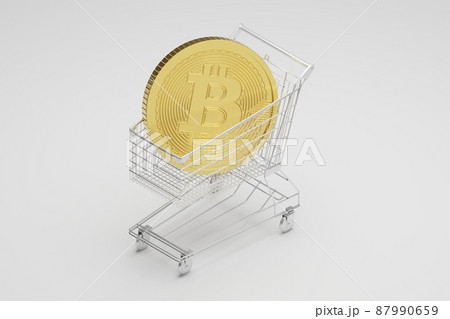 Isometric 3D rendering gold Bitcoin with shopping trolley, Cryptocurrency investment technology digital money concept design on white background with copy space 87990659